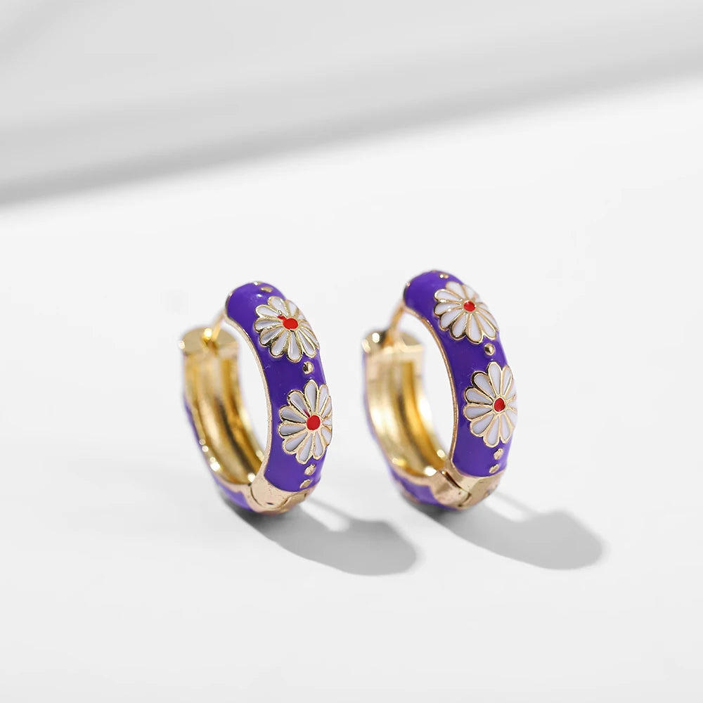 New Trendy Flower Enamel Hoop Earrings for Women Boho Statement Round Circle Huggie Earring Fashion Jewelry 2021 Brincos