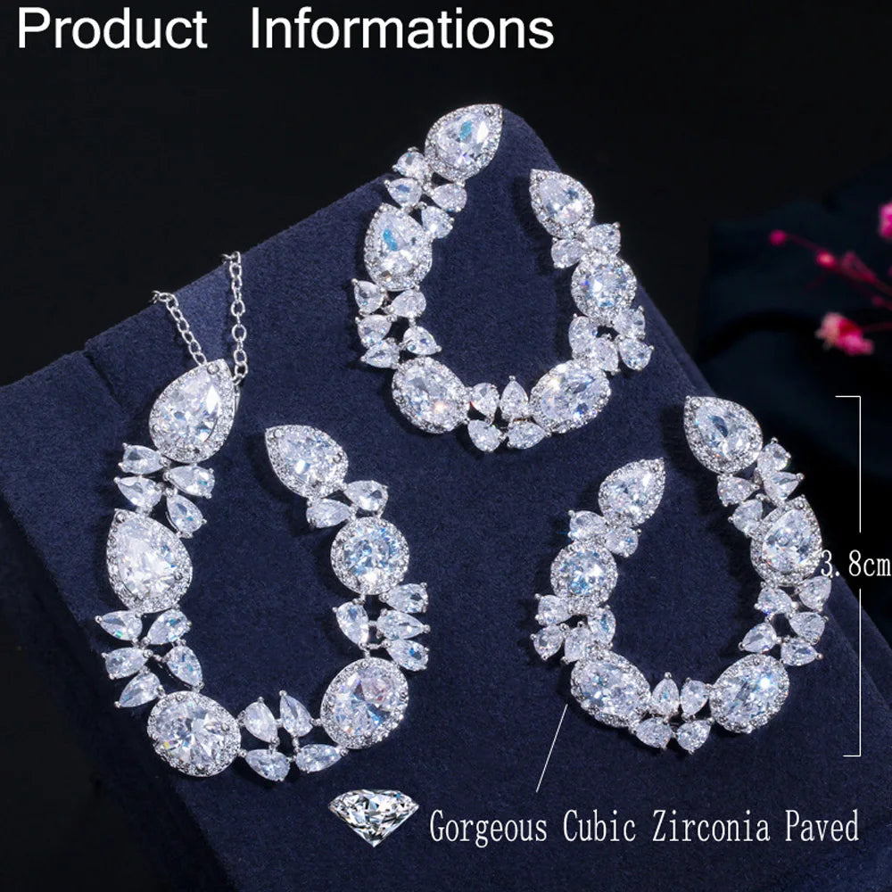 ThreeGraces Sweet Colorful Cubic Zirconia Big Symmetrical Earrings Pendant Necklace Fashion Jewelry Set for Women Party JS619