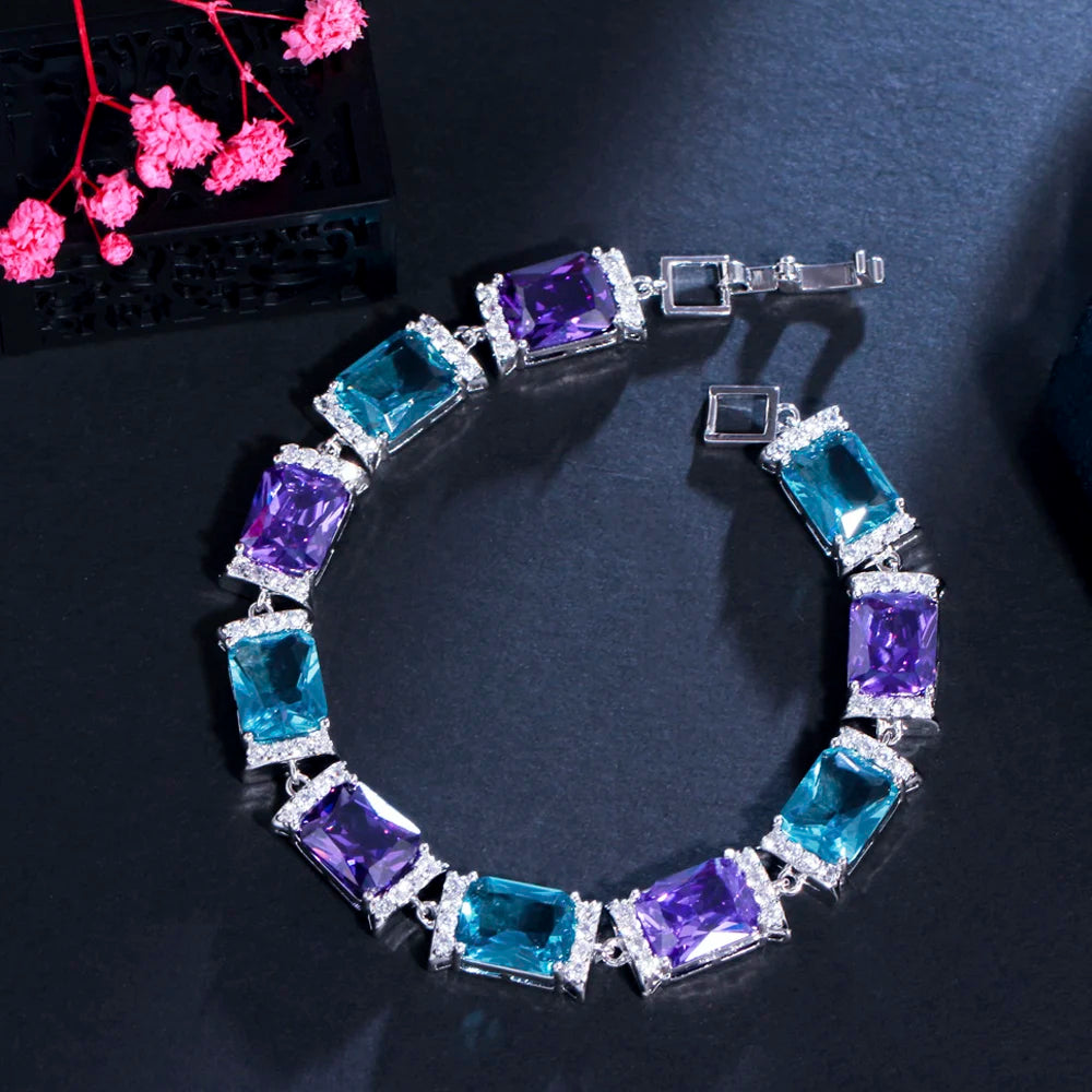 ThreeGraces Elegant Shiny Blue Purple Cubic Zirconia Geometric Rectangle Link Chain Tennis Bracelets for Women Jewelry BR191