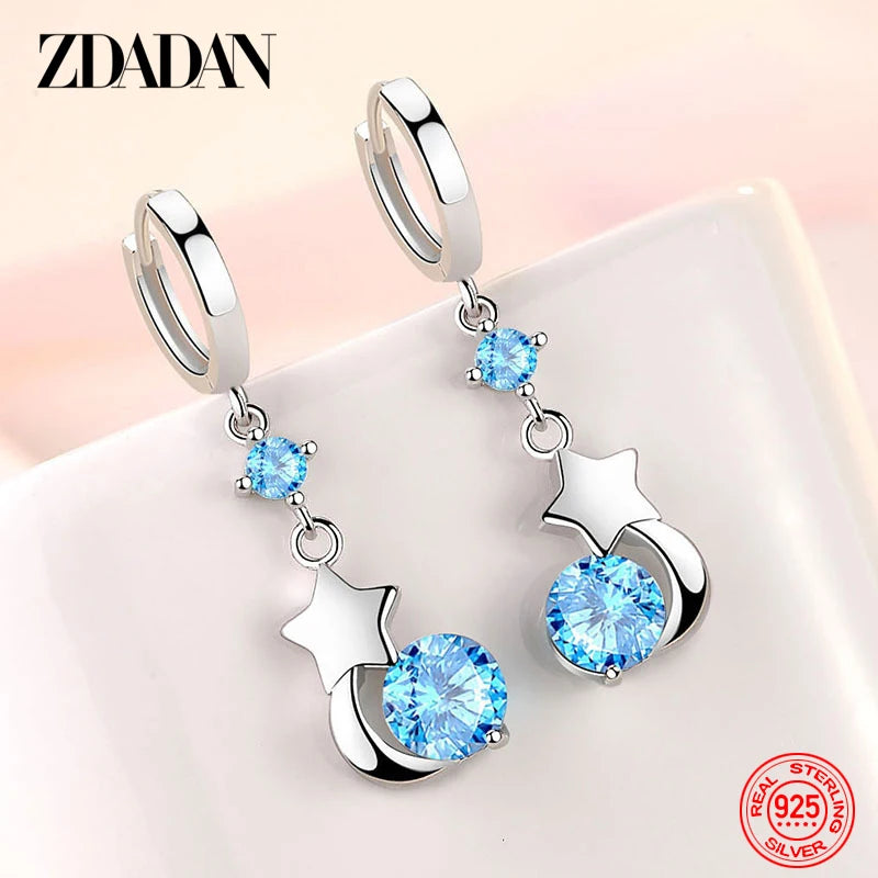 ZDADAN 925 Sterling Silver Geometric Blue Water Drop Earrings For Women Fashion Jewelry Wedding Gift