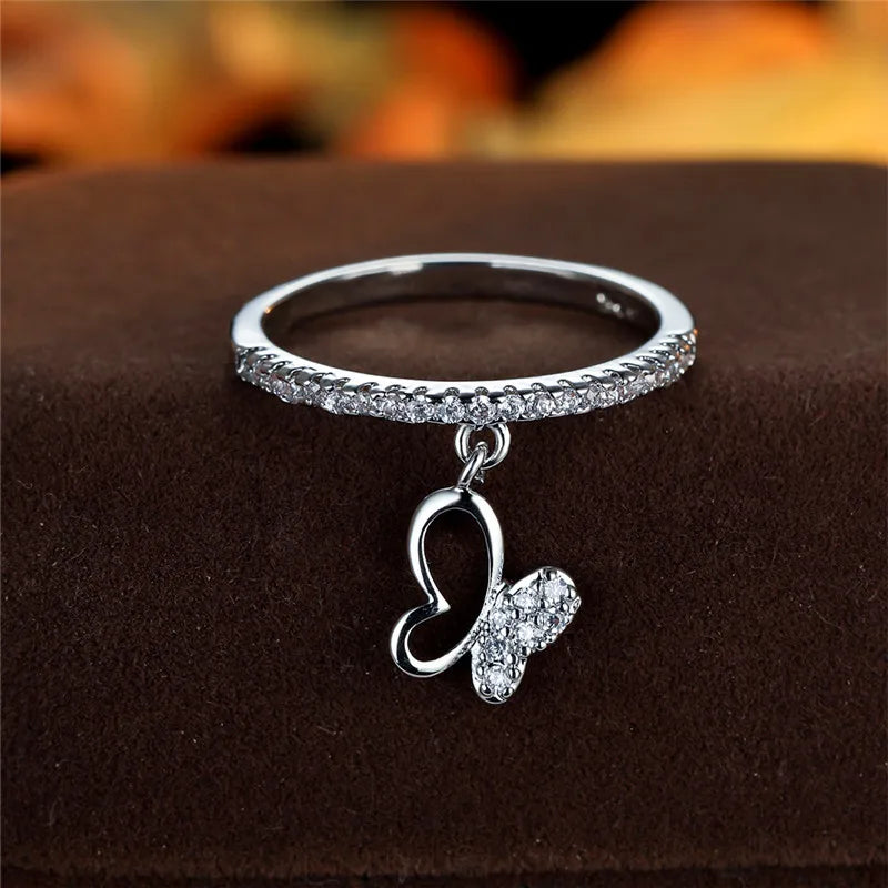 Luxury Female Crystal Butterfly Pendant Rings Gold Silver Color Engagement Ring Charm White Zircon Wedding Jewelry For Women
