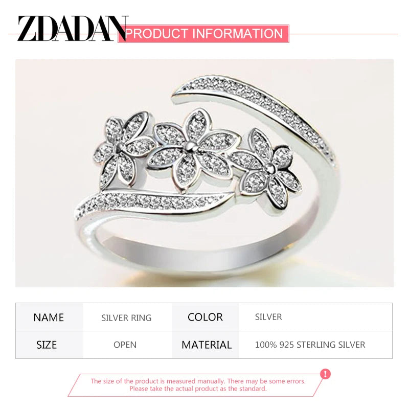 ZDADAN 925 Sterling Silver Fashion Adjustable Open CZ Flowers Ring For Women Temperament Jewelry Accessories Gift