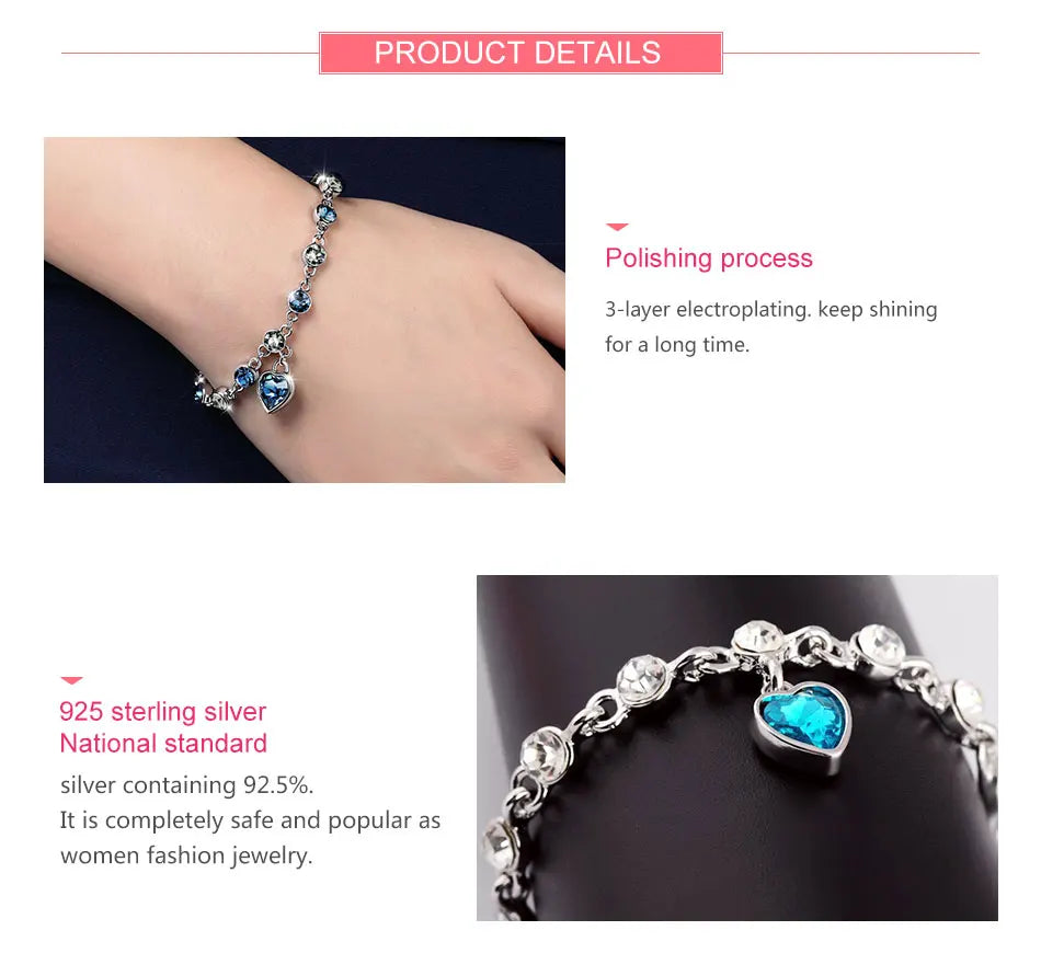 ZDADAN 925 Sterling Silver Charm Sapphire Heart Bracelet Chain For Women Fashion Engagement Party Jewelry Gift