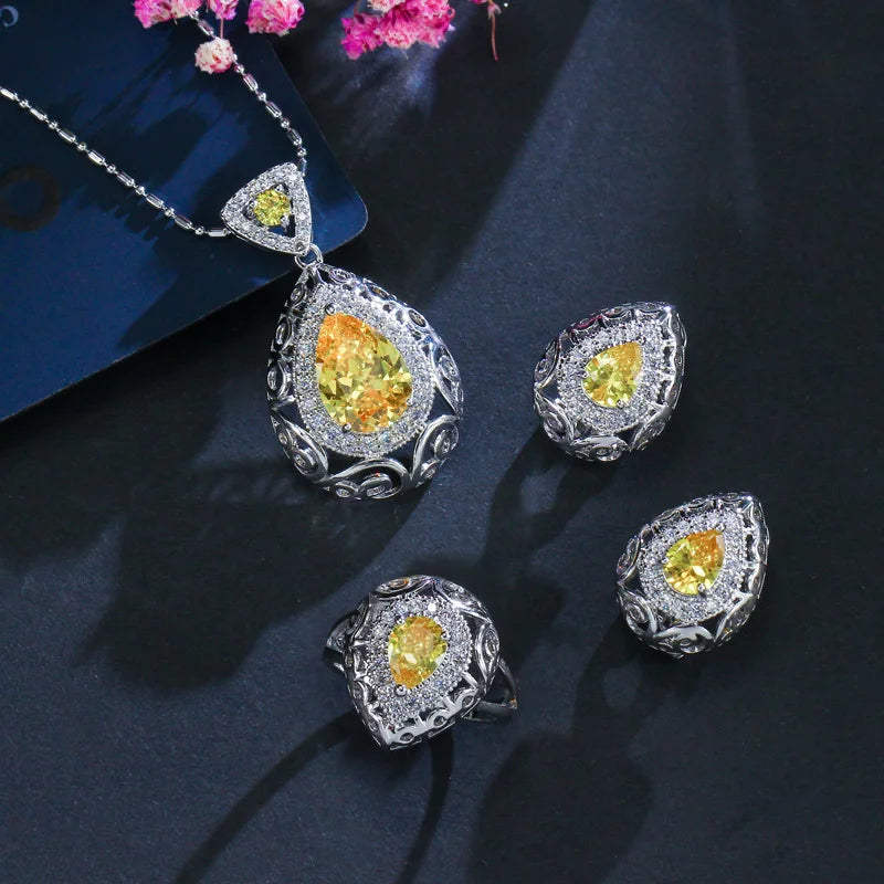 ThreeGraces 3pcs Elegant Green Cubic Zirconia Fashion Pendant Necklace  Earrings Ring Jewelry Set for Women Party Wear JS137
