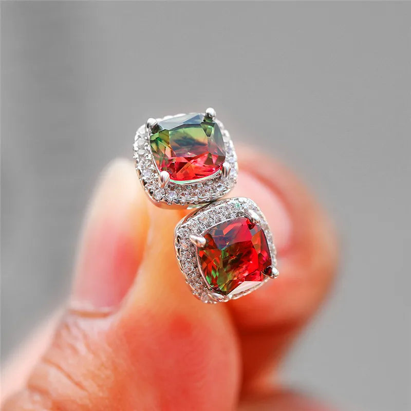 Luxury Female Square Blue Stone Earrings Cute Zircon Double Wedding Jewelry Simple Silver Color Stud Earrings For Women