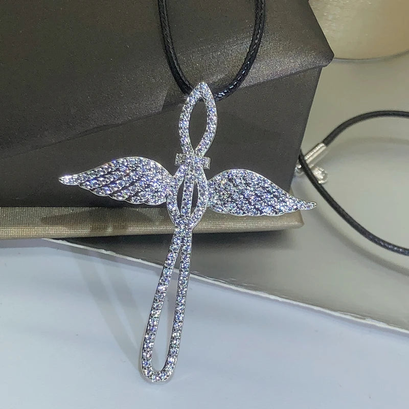 925 Sterling Silver Fashion Angel Cross Pendant Necklace For Ladies Double Wings Party Birthday Jewelry Gift