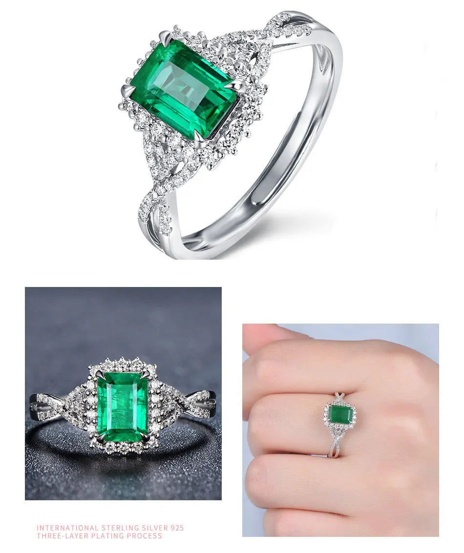 ZDADAN 925 Sterling Silver Charm Emerald Ring For Women Fashion Party Jewelry Engagement Gift