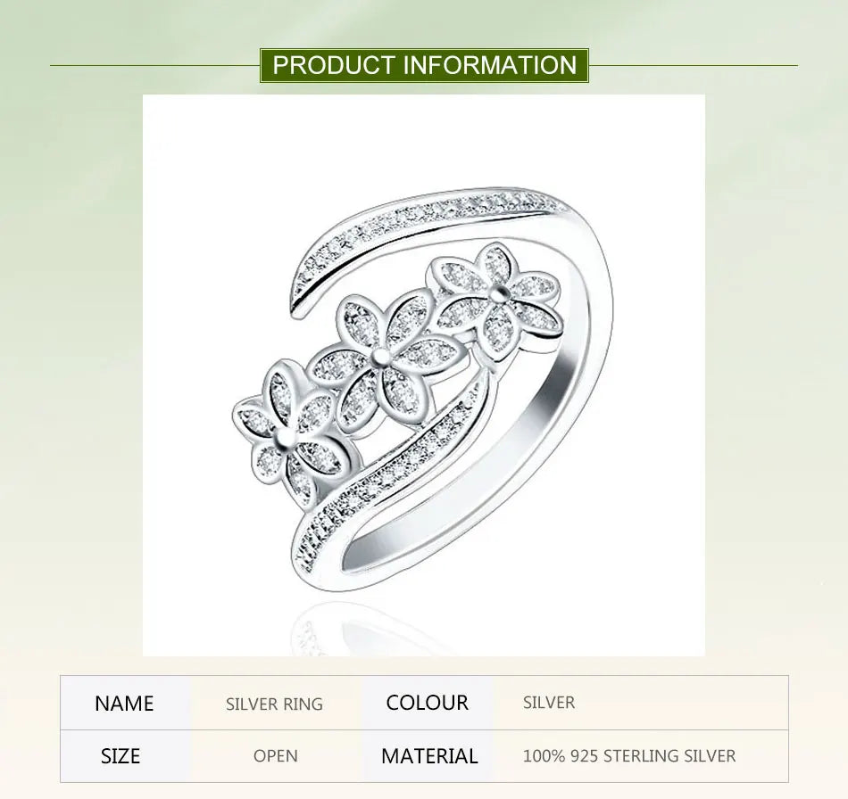 ZDADAN 925 Sterling Silver Fashion Adjustable Open CZ Flowers Ring For Women Temperament Jewelry Accessories Gift