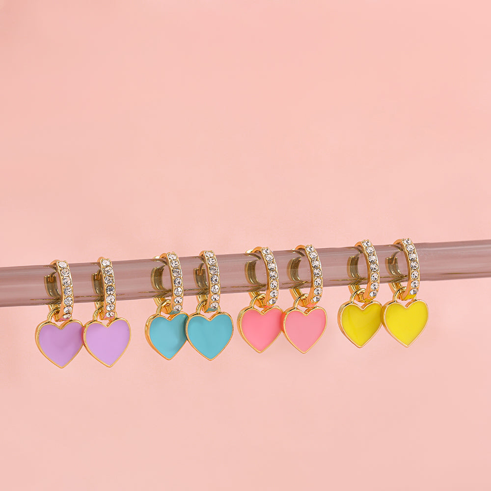 New Trendy Rhinestone Small Circle Hoops with Cute Candy Neon Color Heart Hanging Earrings for Women Gold Plated Huggies Jewelry