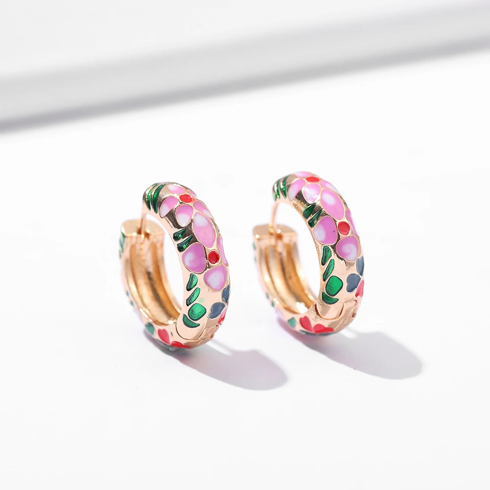 New Trendy Flower Enamel Hoop Earrings for Women Boho Statement Round Circle Huggie Earring Fashion Jewelry 2021 Brincos