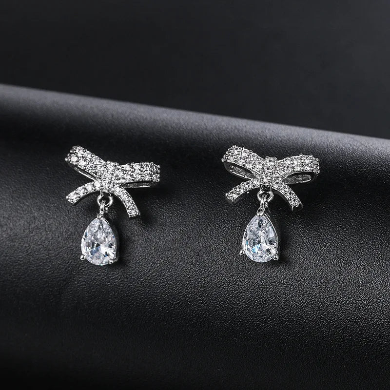 2020 Dangle Drop Earrings Stud Women Water Bowknot Zircon Two Color Gold Silver Jewelry Small Cute Gift For Girlfriend