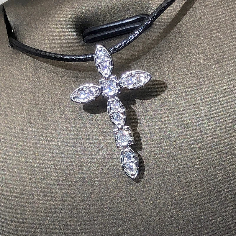 925 Silver Exquisite Cross Necklace Jewelry Women's Wedding Fashion Cross CZ Crystal Zircon Pendant Necklace Valentine's Day Gif