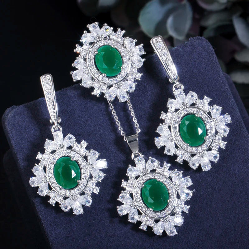 ThreeGraces Elegant Green Cubic Zirconia Geometric Earrings Ring Necklace Daily Party Jewelry Set for Women Accessories JS702