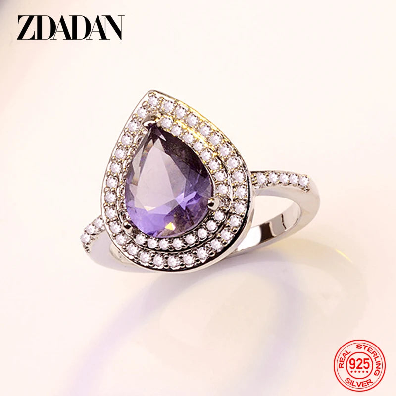 ZDADAN 925 Sterling Silver Water Drop Zircon Ring For Women Fashion Jewelry Gift