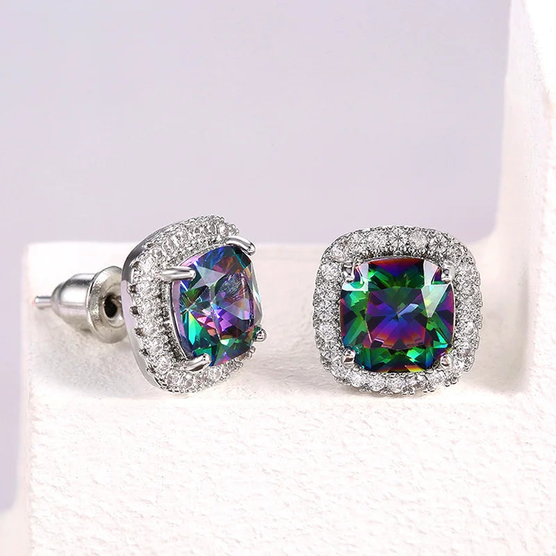 Huitan Luxury Cubic Zirconia Stud Earrings Female Silver Color Fashion Jewelry for Women 2021 Trend Versatile Accessories