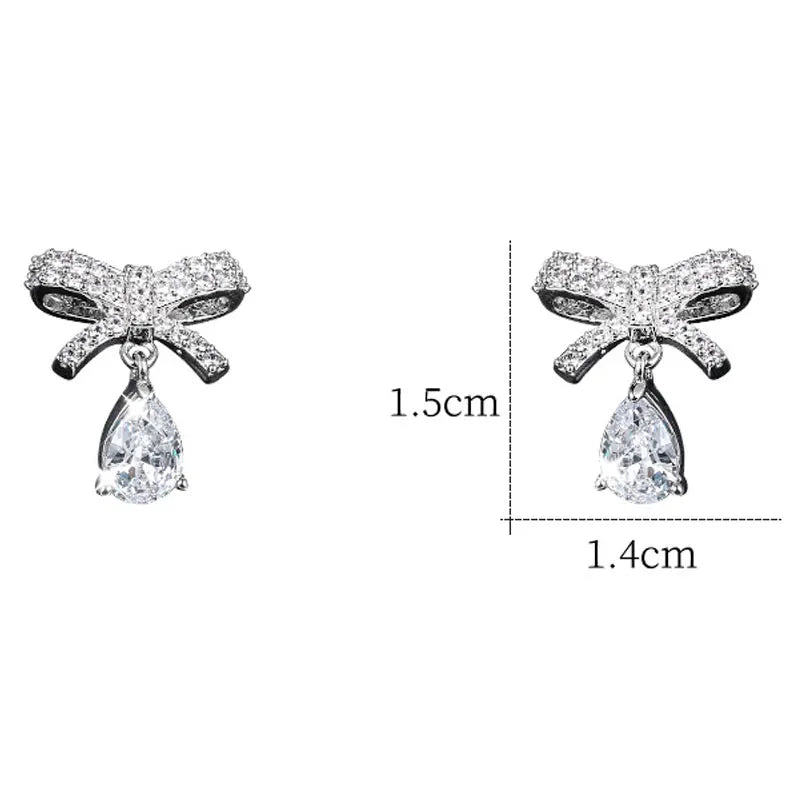 2020 Dangle Drop Earrings Stud Women Water Bowknot Zircon Two Color Gold Silver Jewelry Small Cute Gift For Girlfriend