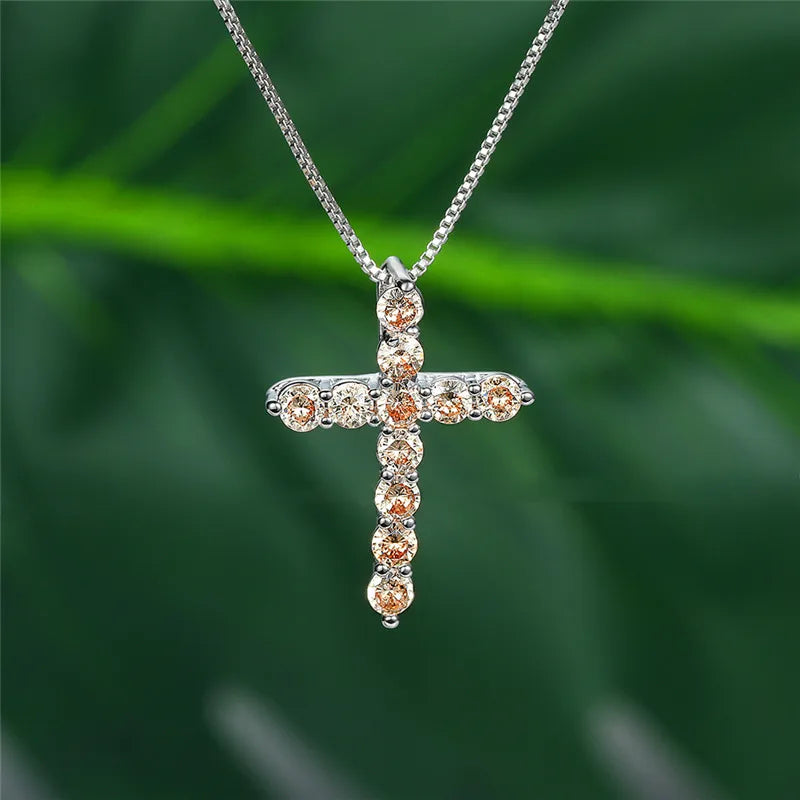 Luxury Female Crystal Blue Purple Pendant Necklace Charm Silver Color Chain Zircon Stone Wedding Jewelry For Women