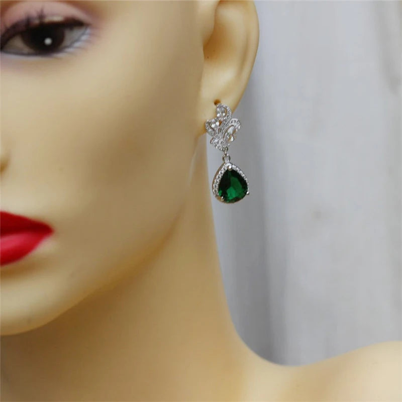 Huitan Gorgeous Women's Drop Earrings with Green Teardrop Cubic Zirconia Elegant Female Earring Anniversary Gift Fashion Jewelry