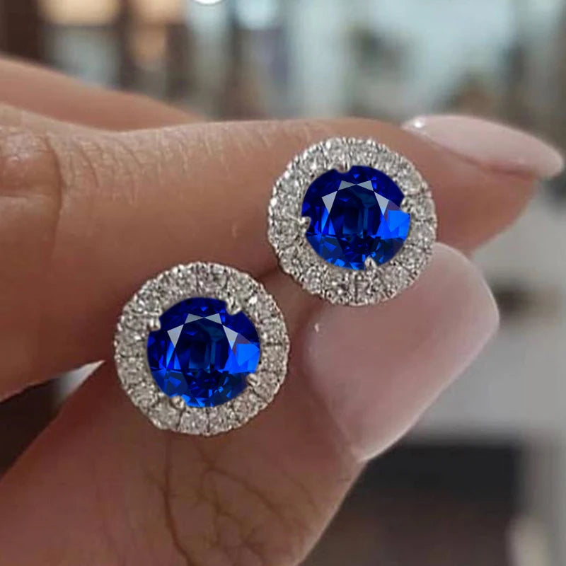 Cute Female Crystal Small Round Earrings Classic Silver Color Wedding Jewelry Charm Purple Zircon Stud Earrings For Women