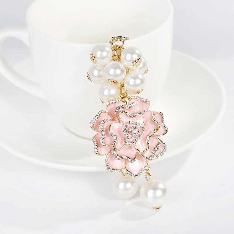 Flower Pearl  Keychain Leather bag pendant key chain Car pendant Flower Rose Gift Souvenirs keychain