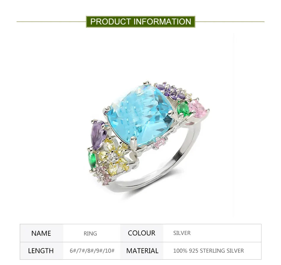 ZDADAN 925 Sterling Silver Square Gemstone Ring For Women Fashion Glamour Gift Wedding Jewelry