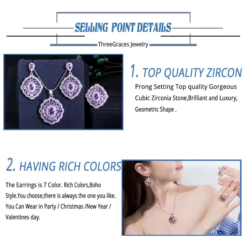 ThreeGraces Romantic Purple Cubic Zirconia Crystal Chic Earrings Pendant Necklace Ring for Women Party Banquet Jewerly JS512