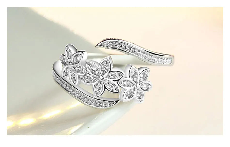 ZDADAN 925 Sterling Silver Fashion Adjustable Open CZ Flowers Ring For Women Temperament Jewelry Accessories Gift
