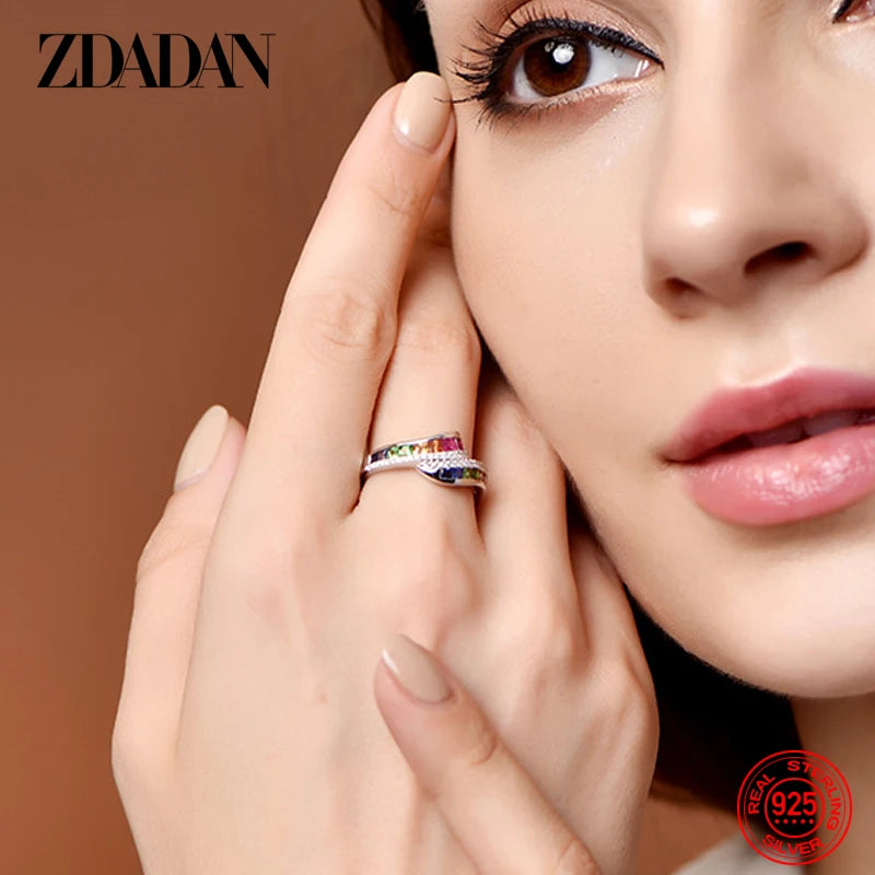 ZDADAN 925 Sterling Silver Charm Crystal Zircon Ring For Women Fashion Wedding Party Jewelry
