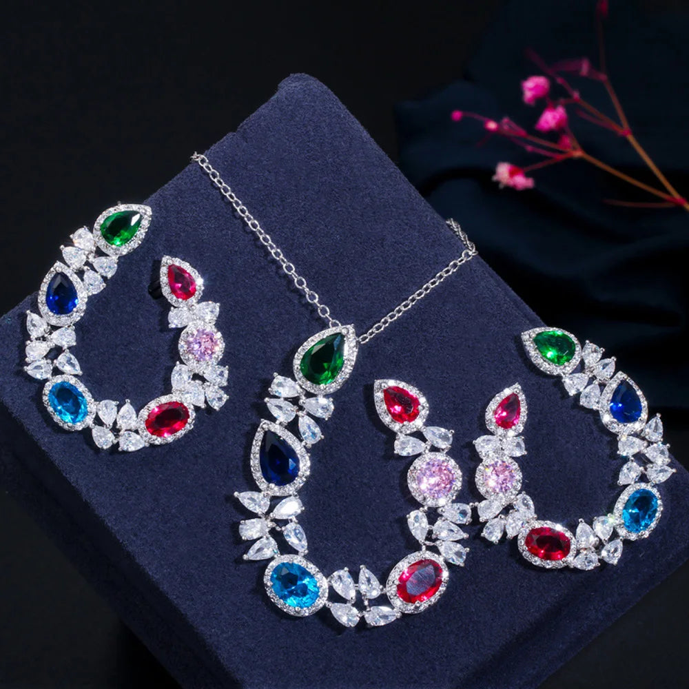 ThreeGraces Sweet Colorful Cubic Zirconia Big Symmetrical Earrings Pendant Necklace Fashion Jewelry Set for Women Party JS619