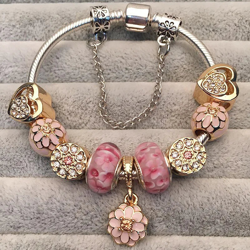 Luxury Crystal Flower Charm Bracelets & Bangles Gold Beads Bracelets For Women Jewellery Pulseira Feminina 2021 New Year Gift