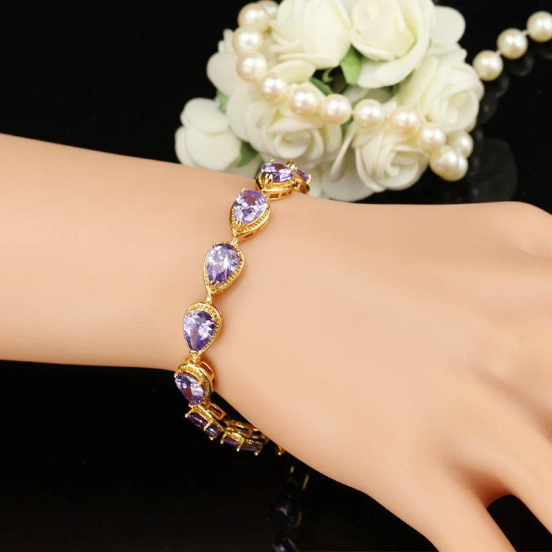 ThreeGraces Fashion Shiny Purple Water Drop Cubic Zirconia Crystal Bridal Wedding Party Bracelet for Women Jewelry BR053