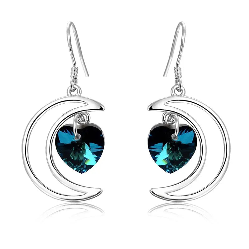 ZDADAN 925 Sterling Silver Moon Heart Blue Crystal Drop Earrings For Women Wedding Jewelry