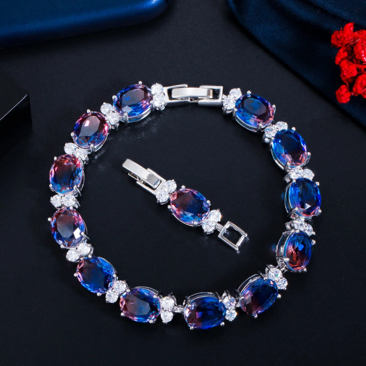 ThreeGraces Mystical Rainbow Cubic Zirconia Stones Silver Color Fashion Bridal Party Link Chain Bracelet for Women Jewelry BR380
