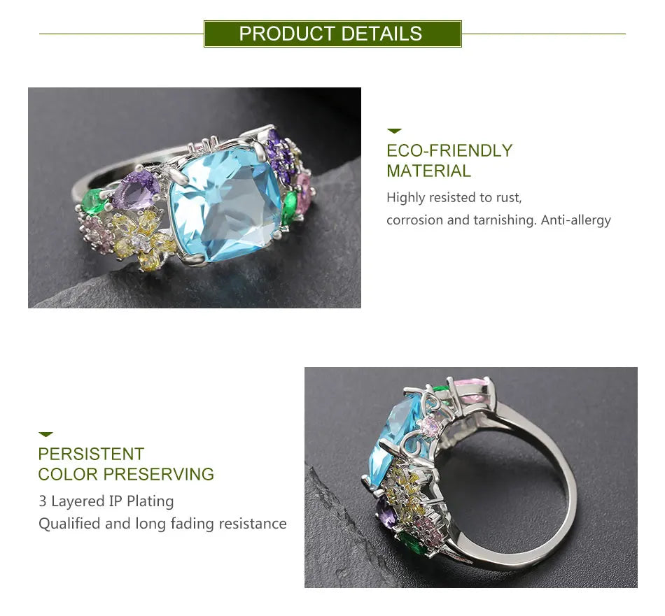 ZDADAN 925 Sterling Silver Square Gemstone Ring For Women Fashion Glamour Gift Wedding Jewelry