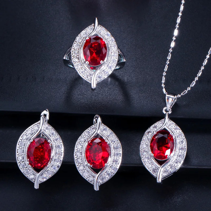 ThreeGraces 3pcs New Trendy Shiny Red Cubic Zirconia Fashion Earrings Necklace Ring Bridal Party Jewelry Set for Women JS707