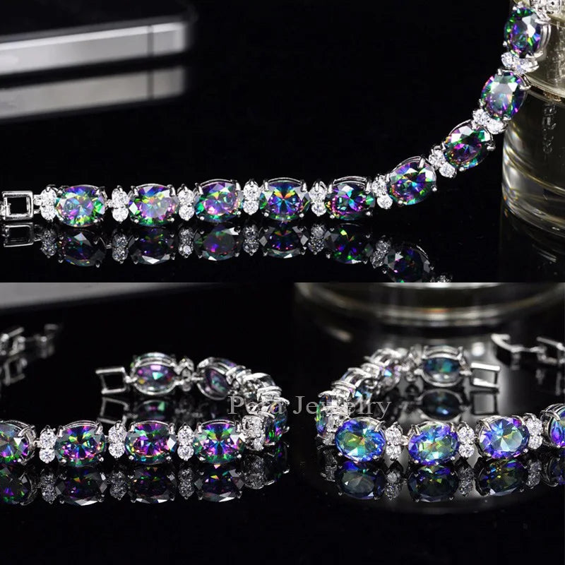 Pera Fashion Women Evening Party Jewelry Natural Light Blue Oval Rainbow Mystic Crystal Stones Bracelets for Birthday Gift B087