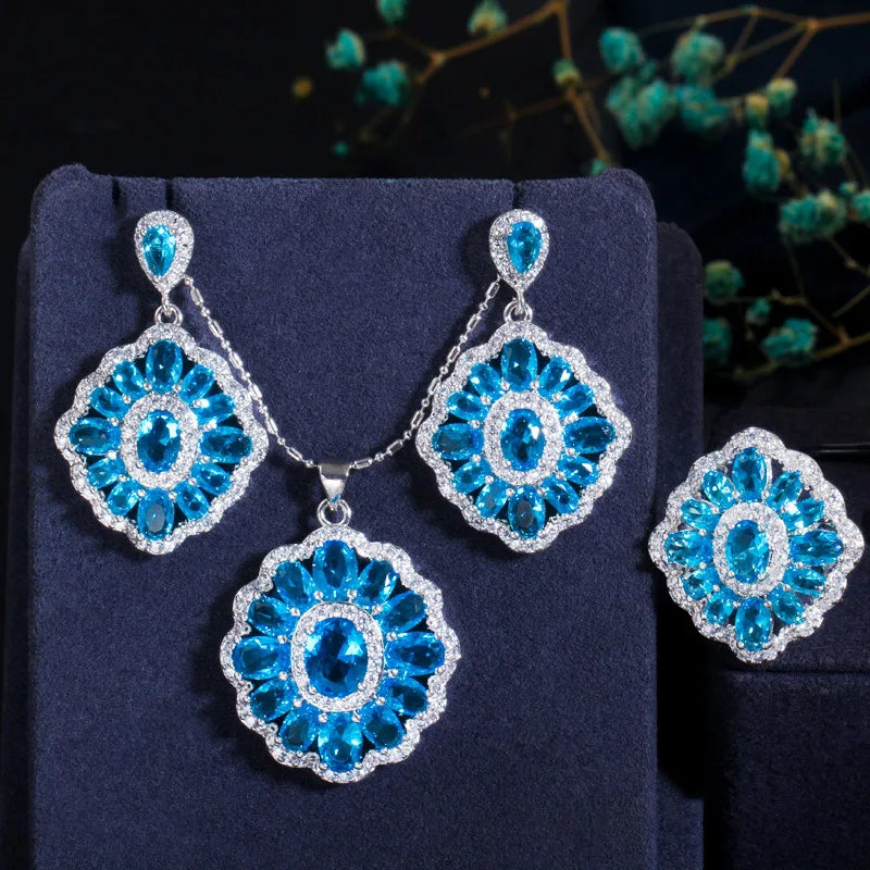 ThreeGraces Romantic Purple Cubic Zirconia Crystal Chic Earrings Pendant Necklace Ring for Women Party Banquet Jewerly JS512