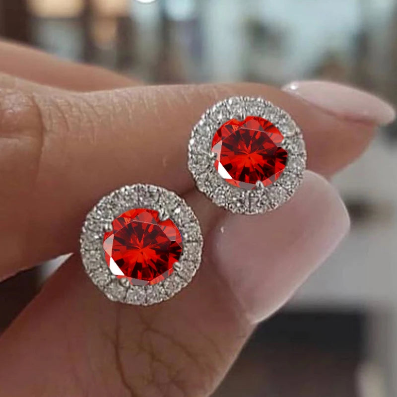 Cute Female Crystal Small Round Earrings Classic Silver Color Wedding Jewelry Charm Purple Zircon Stud Earrings For Women