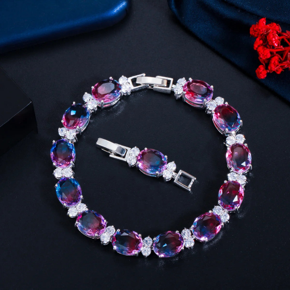 ThreeGraces Mystical Rainbow Cubic Zirconia Stones Silver Color Fashion Bridal Party Link Chain Bracelet for Women Jewelry BR380