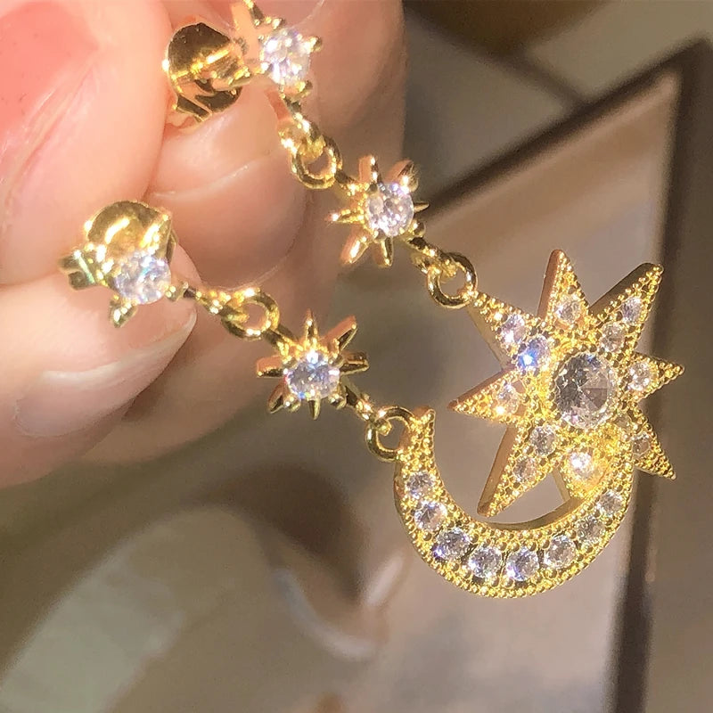 925 Silver Design Simple Advanced White Zircon Earring Temperament French Fairy Star-Moon Earrings Party Dating Jewelry Gift