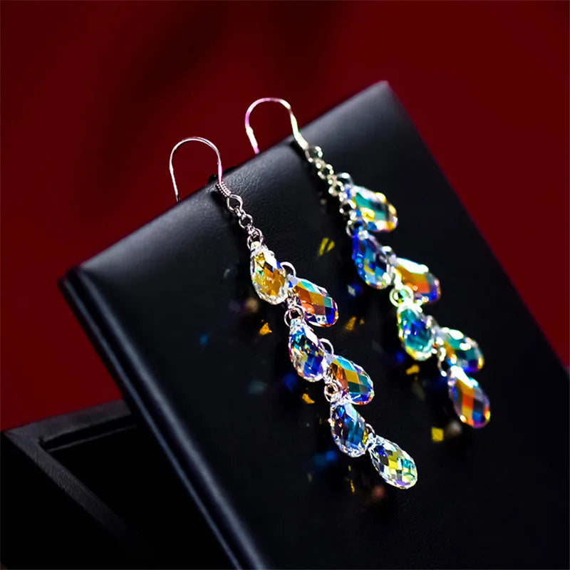 Trendy Female Crystal Geometry Dangle Earring Charm Silver Color Drop Earrings Cute Tassel Long Wedding Jewelry For Women