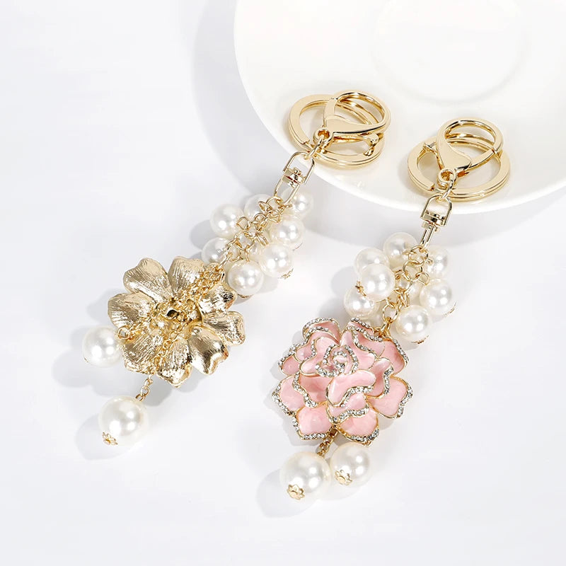 Flower Pearl  Keychain Leather bag pendant key chain Car pendant Flower Rose Gift Souvenirs keychain