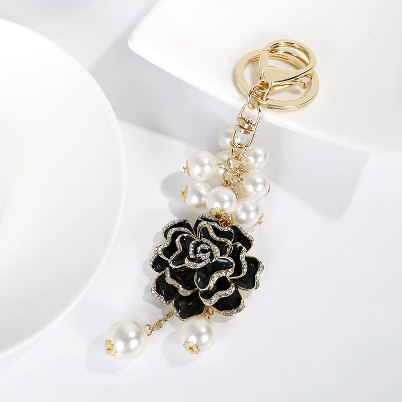 Flower Pearl  Keychain Leather bag pendant key chain Car pendant Flower Rose Gift Souvenirs keychain