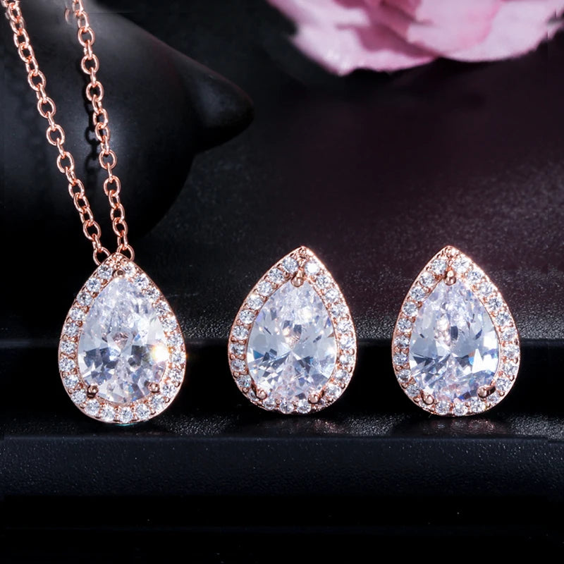 ThreeGraces Sweet Sparkling Water Drop Cubic Zirconia Fashion Necklace and Stud Earrings Party Jewelry Set for Women JS210