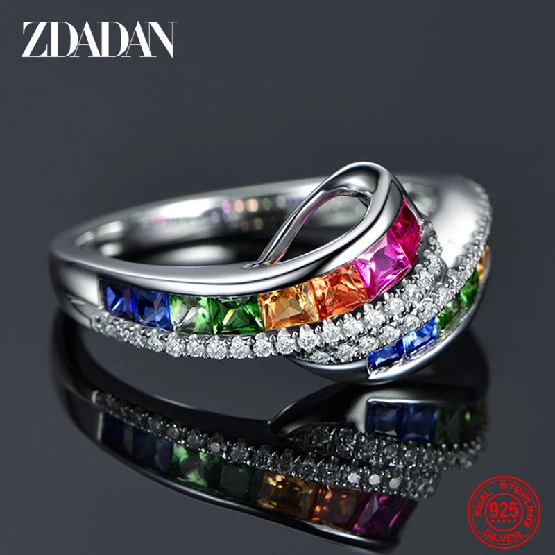 ZDADAN 925 Sterling Silver Charm Crystal Zircon Ring For Women Fashion Wedding Party Jewelry