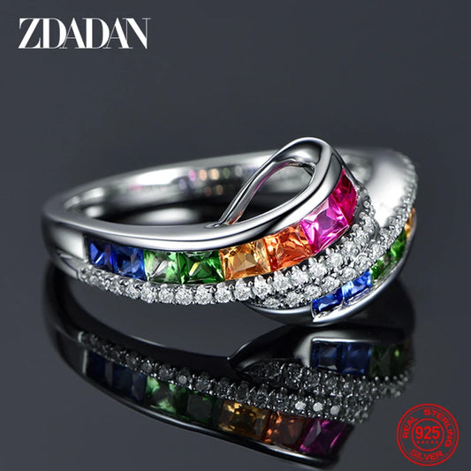 ZDADAN 925 Sterling Silver Charm Crystal Zircon Ring For Women Fashion Wedding Party Jewelry