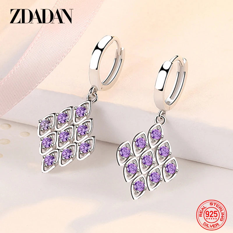 ZDADAN 925 Sterling Silver Purple Zircon Geometric Earrings For Women Fashion Jewelry