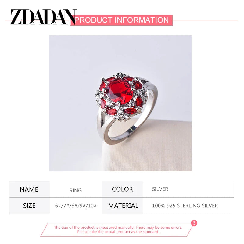 ZDADAN 925 Sterling Silver Flower Red Zircon Rings For Women Fashion Wedding Jewelry