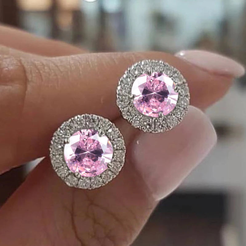 Cute Female Crystal Small Round Earrings Classic Silver Color Wedding Jewelry Charm Purple Zircon Stud Earrings For Women