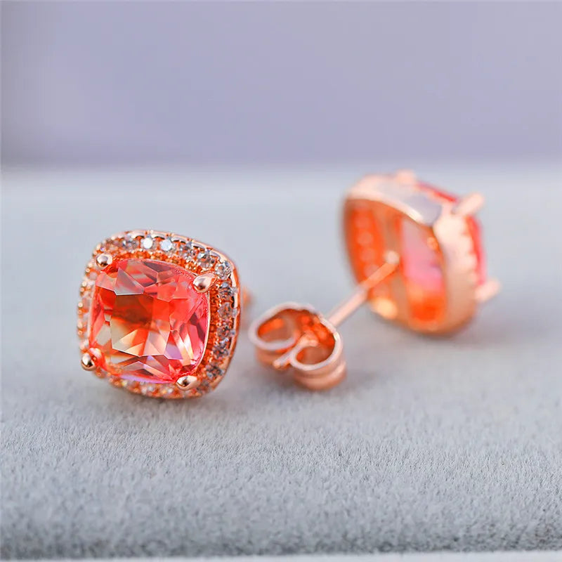 Luxury Female Square Blue Stone Earrings Cute Zircon Double Wedding Jewelry Simple Silver Color Stud Earrings For Women